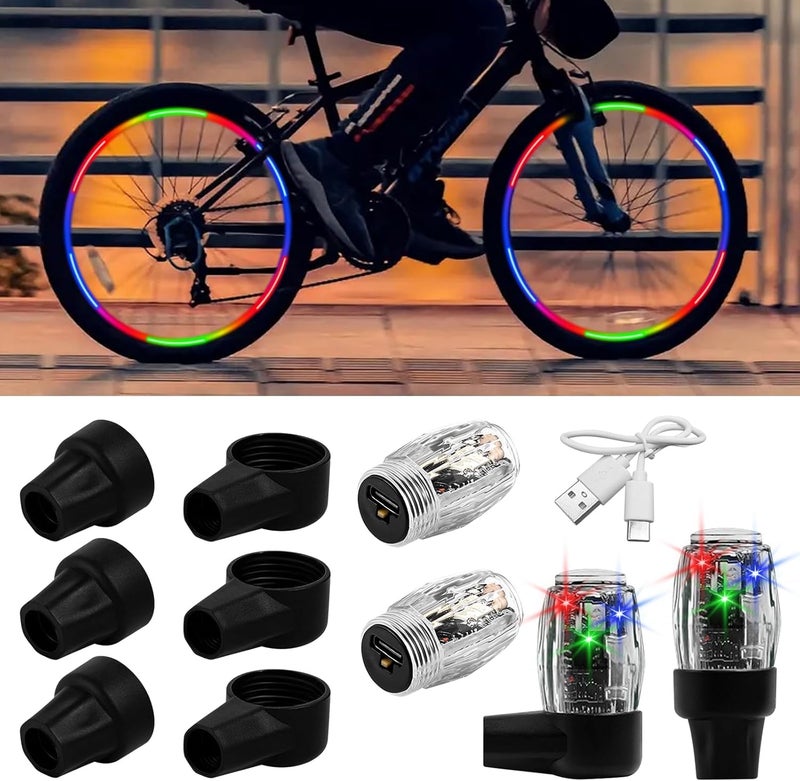 SWTHM 4PCS Tire Valve Light Vibration Sensor Dazzle Color LED Light Rechargeable Tire Valve Caps Lamp 4 Straight & 4 Curved Bases Light Sensor American Style Valves for Cars, Motorcycles, Bicycles - Image 1